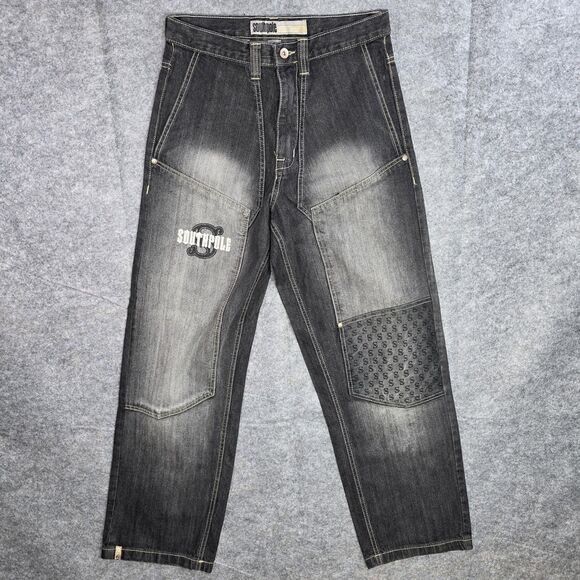 Southpole Jeans‎ Mens 29 Black Gray Baggy Denim Streetwear Patch Vintage Style - Picture 1 of 11